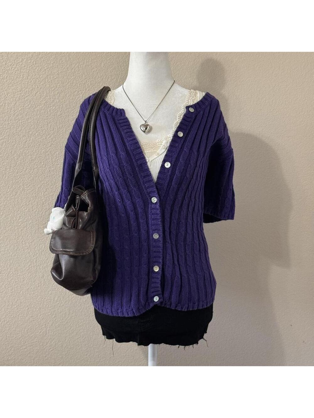 ੈ✩‧₊˚2000s purple cable knit short sleeve button up cardigan